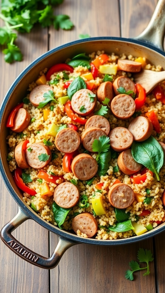A skillet filled with quinoa, chicken sausage, bell peppers, and spinach, garnished with parsley.